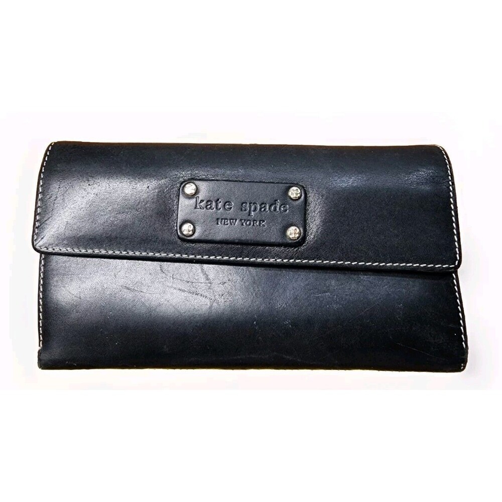 Kate Spade Black Leather Checkbook Wallet With Gold